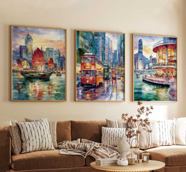 Hong Kong China Poster Set Of 3, Vintage Inspired City Skyline Wall Art, Neutral Asian Travel Prints - image 1