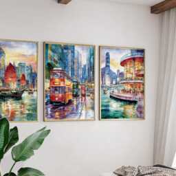 Hong Kong China Poster Set Of 3, Vintage Inspired City Skyline Wall Art, Neutral Asian Travel Prints - thumbnail 2
