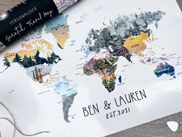 Personalised Scratch Off Map Hand Drawn Watercolour World Atlas -Black Outline Matte Version - image 1