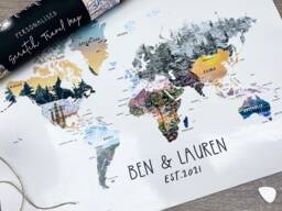 Personalised Scratch Off Map Hand Drawn Watercolour World Atlas -Black Outline Matte Version - thumbnail 1