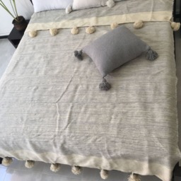 Moroccan Pom Blanket & Throw, Bohemian Blanket, Berber Wool Hand Woven, Handmade Bed Spread, Cover - thumbnail 3
