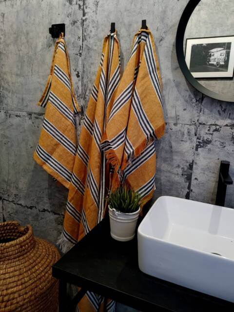 Striped Linen Bath Towel, Stonewashed Fringed Hand Towel - image 1