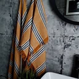 Striped Linen Bath Towel, Stonewashed Fringed Hand Towel - thumbnail 3
