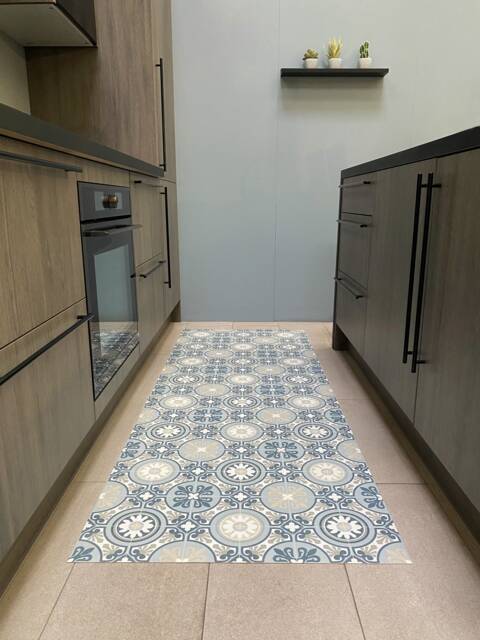 Blue Vinyl Runner Floor Mat - Waterproof Kitchen Rug in Spanish Tile Design - image 1