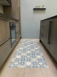 Blue Vinyl Runner Floor Mat - Waterproof Kitchen Rug in Spanish Tile Design - thumbnail 1