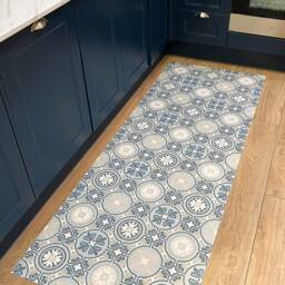 Blue Vinyl Runner Floor Mat - Waterproof Kitchen Rug in Spanish Tile Design - thumbnail 4