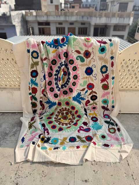 Hand Embroidered Cotton Suzani Quilt - Vibrant Boho Throw Blanket - image 1