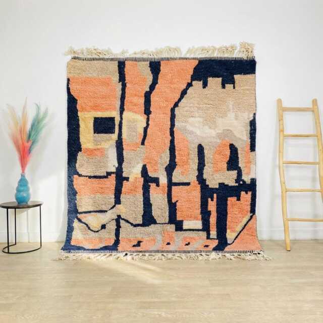Moroccan Peach & Navy Berber Rug, Handwoven Wool Shag Rug With Abstract Block Design, Authentic Beni Ourain Style Carpet, Large Area - image 1