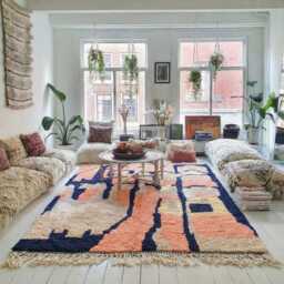 Moroccan Peach & Navy Berber Rug, Handwoven Wool Shag Rug With Abstract Block Design, Authentic Beni Ourain Style Carpet, Large Area - thumbnail 3