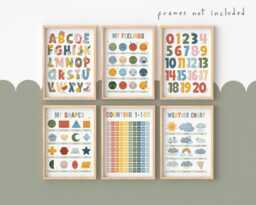 Set Of 6 Educational Prints in Pastel, Feelings Chart, Weather Print, Alphabet & Numbers, Playroom Classroom Decor, Kids Wall Art - thumbnail 1