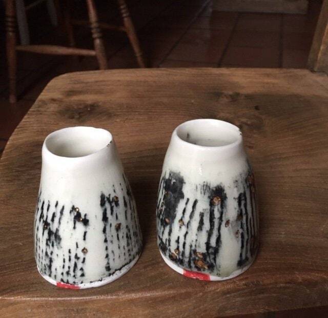 Pair Of Hand Thrown White Porcelain Vase Pots With Black Velvet & Gold Lustre Decoration - image 1