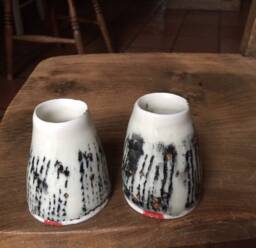 Pair Of Hand Thrown White Porcelain Vase Pots With Black Velvet & Gold Lustre Decoration - thumbnail 1