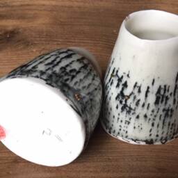 Pair Of Hand Thrown White Porcelain Vase Pots With Black Velvet & Gold Lustre Decoration - thumbnail 3