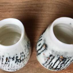 Pair Of Hand Thrown White Porcelain Vase Pots With Black Velvet & Gold Lustre Decoration - thumbnail 2