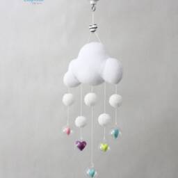 Cloud Pom Hearts Baby Mobile. White Boho Nursery Decor - thumbnail 4