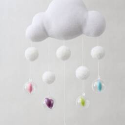 Cloud Pom Hearts Baby Mobile. White Boho Nursery Decor - thumbnail 2