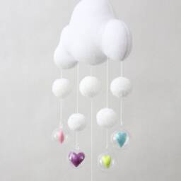 Cloud Pom Hearts Baby Mobile. White Boho Nursery Decor - thumbnail 3