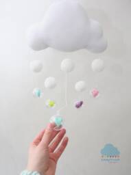 Cloud Pom Hearts Baby Mobile. White Boho Nursery Decor