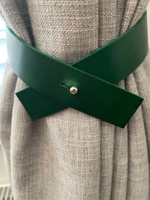Emerald Green Leather Curtain Tie Back Criss Cross Design, Handmade in UK - image 1
