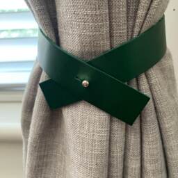 Emerald Green Leather Curtain Tie Back Criss Cross Design, Handmade in UK - thumbnail 2