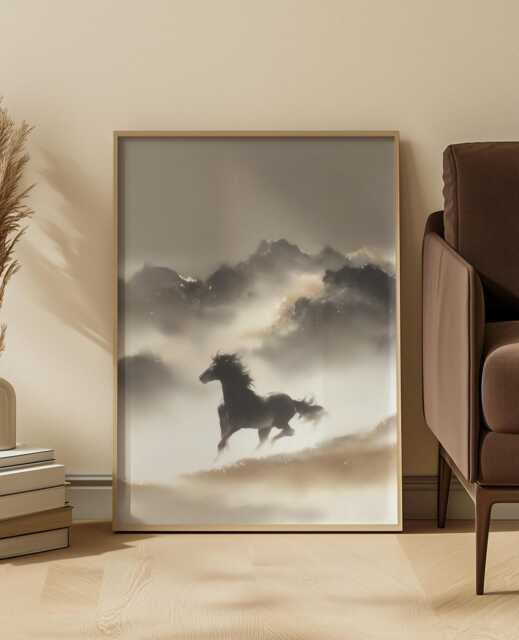 Minimalist Ink Wash Horse Art Print Soft Neutrals Serene Wild Landscape - image 1