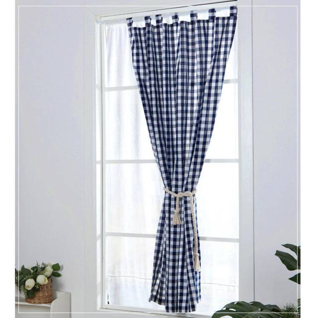 Navy Gingham Check Cafe Curtain, Cotton Linen Window Valance - image 1