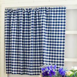Navy Gingham Check Cafe Curtain, Cotton Linen Window Valance - thumbnail 2