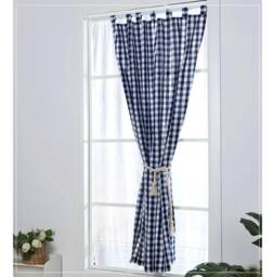 Navy Gingham Check Cafe Curtain, Cotton Linen Window Valance - thumbnail 1