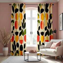 Mid Century Modern Floral Curtains, Bold Abstract Leaf & Flower Drapes, Vibrant Orange, Green, Black Window Treatments - thumbnail 2