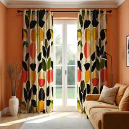 Mid Century Modern Floral Curtains, Bold Abstract Leaf & Flower Drapes, Vibrant Orange, Green, Black Window Treatments - thumbnail 1