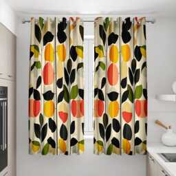 Mid Century Modern Floral Curtains, Bold Abstract Leaf & Flower Drapes, Vibrant Orange, Green, Black Window Treatments - thumbnail 3