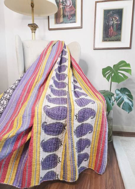 Vintage Handmade Kantha Stitch Sofa Throw - Beach Camper Van Quirky Colours Purple Statement Paisley Mustard Red Floral - image 1