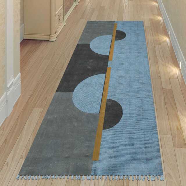 Hand Block Print Cotton Kilim Runner Rug - Sky Blue & Grey - image 1