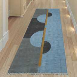 Hand Block Print Cotton Kilim Runner Rug - Sky Blue & Grey - thumbnail 1