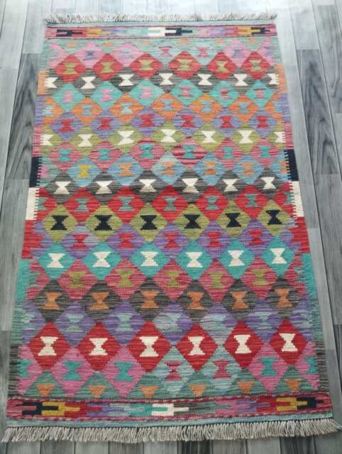 Multicolour Kilim Rug, Handmade Artisan Afghan Turkish Persian Navajo Scandinavian Bohemian Flatweave Natural Wool Rug 149x95 cm - image 1