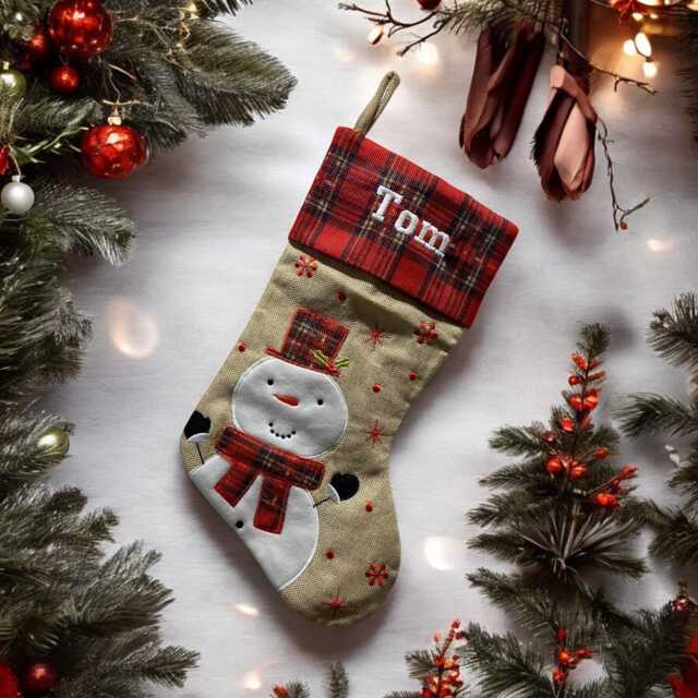 Personalized Tartan Snowman Christmas Stocking - Hessian Burlap - image 1