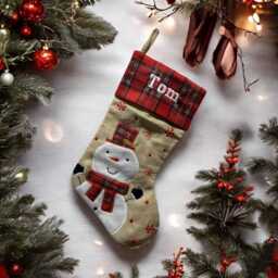 Personalized Tartan Snowman Christmas Stocking - Hessian Burlap - thumbnail 1
