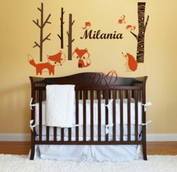 Woodland Wall Decal, Fox Birds, Hedgehog, Personalized Name Forest Birch Tree Decal For Baby Nursery -Dk354 - thumbnail 1