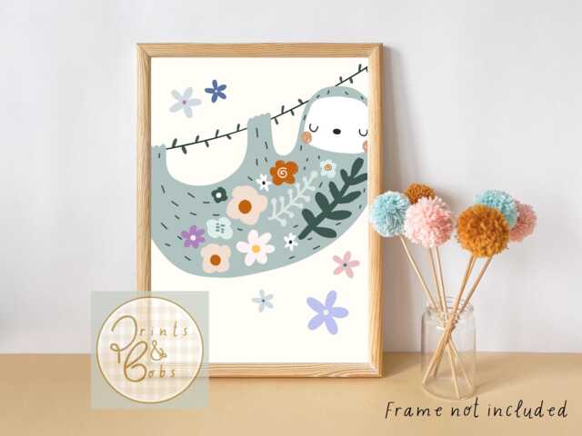 Teen & Tween Sloth Print. Pastel Flowers - Print Only - image 1