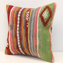 Handmade Kilim Pillow Cover, 16x16 Boho Retro Home Decor - thumbnail 3