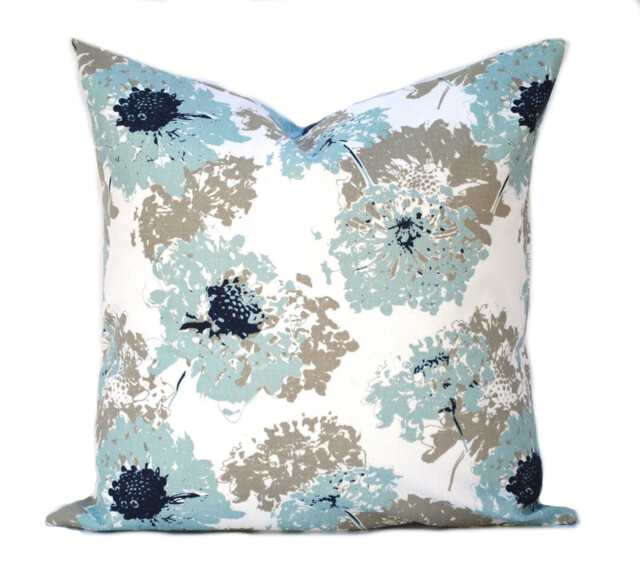 One Floral Pillow Cover, Home Decor, Decorative Pillow, Throw Navy Blue Pillow, Light Blue Pillow - image 1