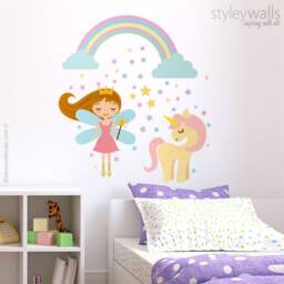 Fairy Wall Decal, Unicorn Decal Sticker, Princess Decor, Rainbow Stars Girls Nursery Room Decor Art - thumbnail 1