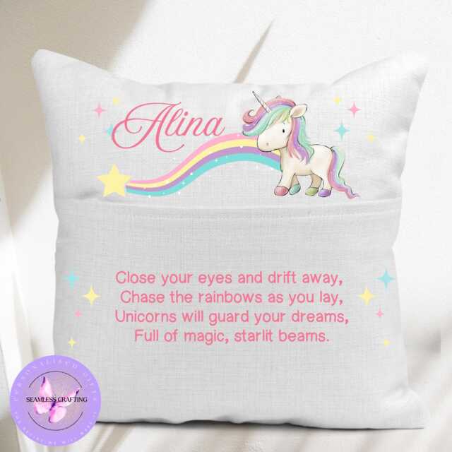 Personalised Unicorn Reading Cushion With Pocket - Girls Book Custom Name Pillow Gift Bedtime Story 40x40cm - image 1