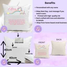 Personalised Unicorn Reading Cushion With Pocket - Girls Book Custom Name Pillow Gift Bedtime Story 40x40cm - thumbnail 3