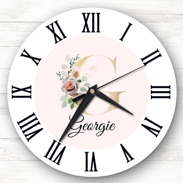 Floral Alphabet Name Initial Letter G Personalised Gift Clock - image 1