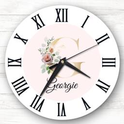 Floral Alphabet Name Initial Letter G Personalised Gift Clock - thumbnail 1