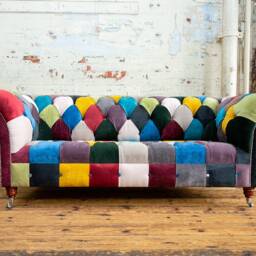 Unique British Handmade 3 Seater Patchwork Chesterfield Sofa - Multicolour Textured Velvet - thumbnail 2