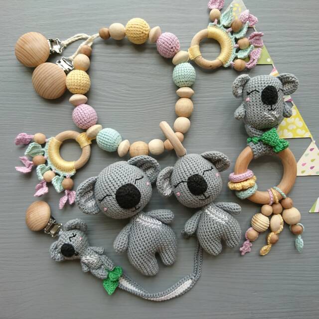 Crochet Koala Baby Gift Set Handmade Rattle, Pacifier Clip, Stroller Chain & Soft Toy - image 1