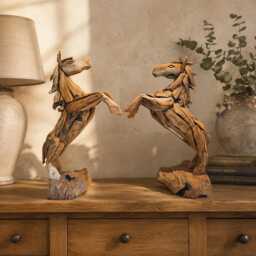 Teak Horse Sculpture - Hand Carved Wooden Rearing Statue Large Rustic Equestrian Home Decor Gift For Lovers - thumbnail 2