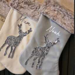 Personalised Christmas Stocking, Christmas Stocking, Reindeer Modern Cream Grey - thumbnail 2